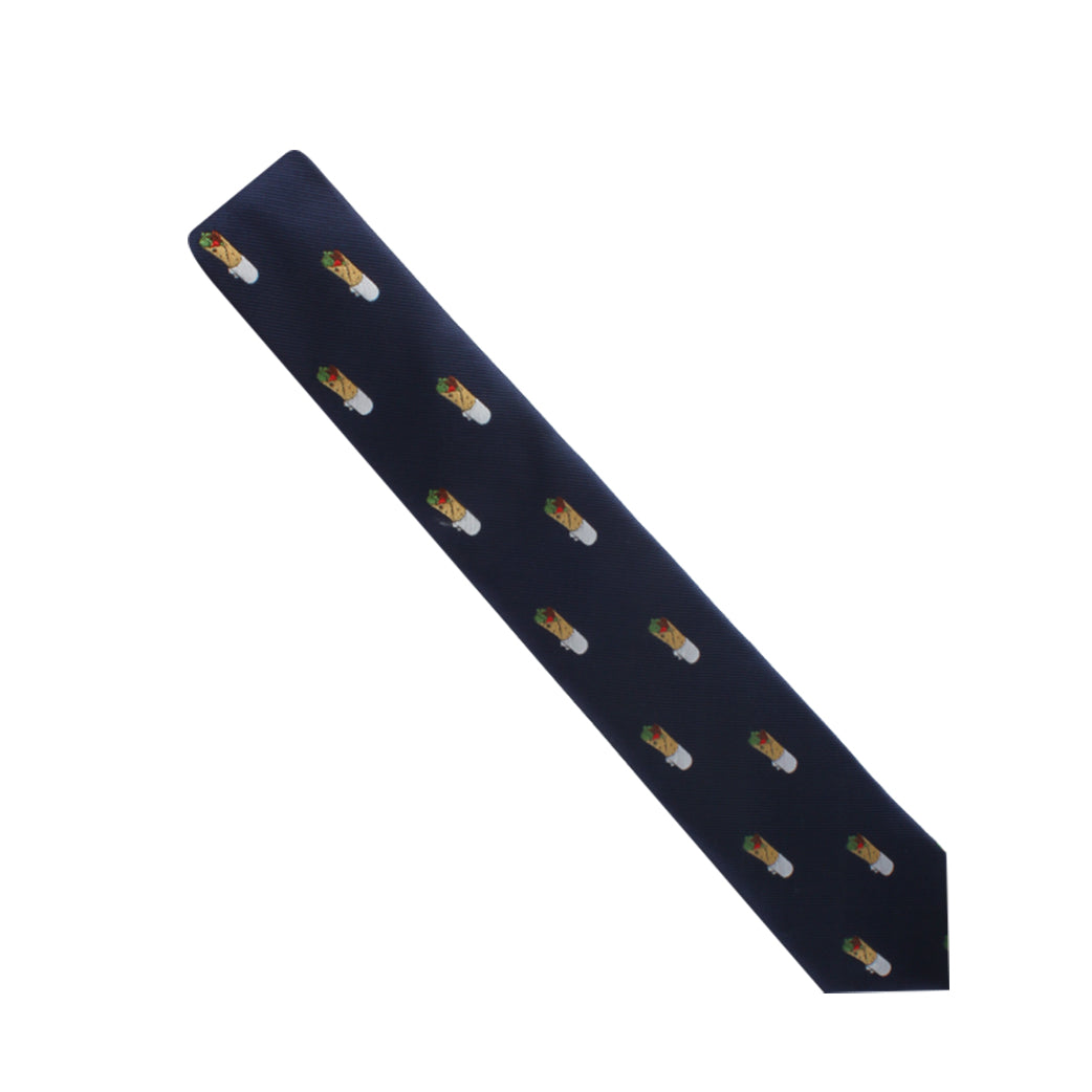 A navy blue Kebab Skinny Tie featuring a pattern of small burritos evenly spaced across its surface, capturing the essence of culinary delight.