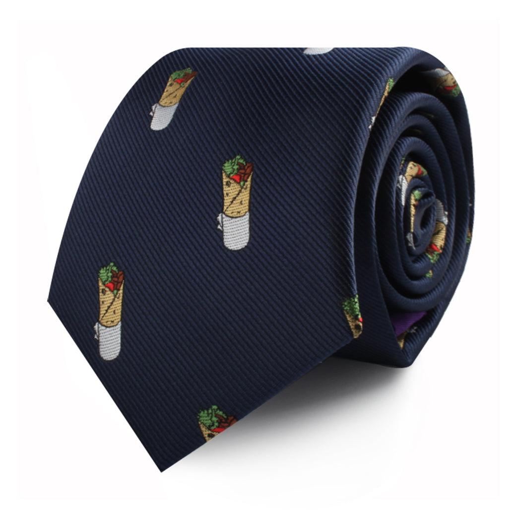 A rolled-up Kebab Skinny Tie, capturing the essence of whimsy with its pattern of burrito illustrations scattered throughout.