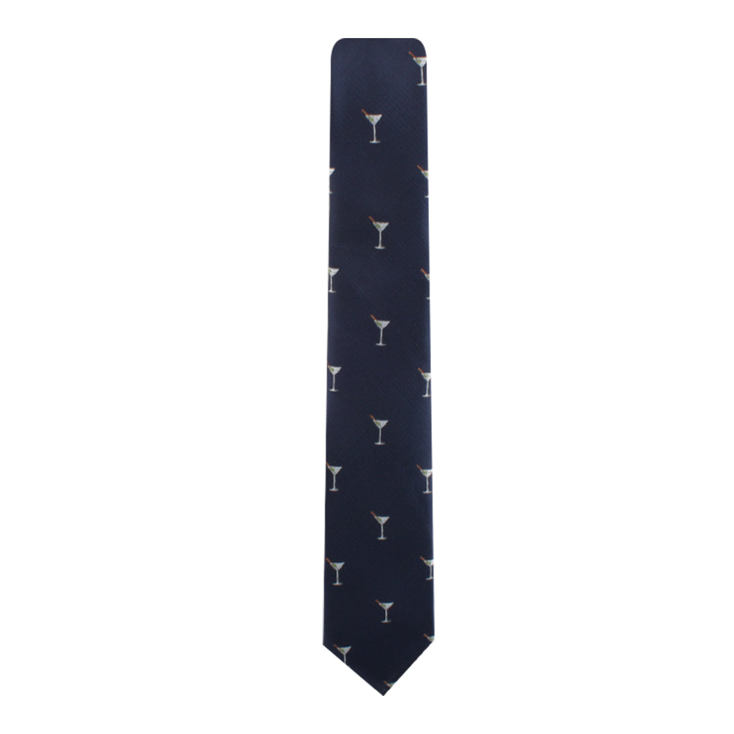 The Martini Skinny Tie features a dark blue background with a contemporary cocktail glass print pattern evenly distributed across the fabric, adding a touch of class.