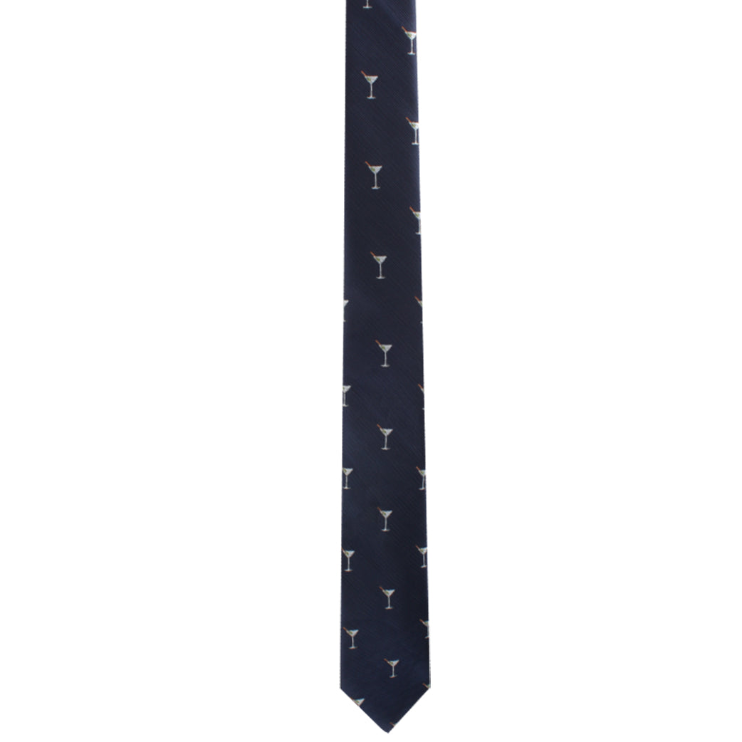 Martini Skinny Tie in navy blue with small white cocktail glass patterns, blending contemporary elegance with classic charm.