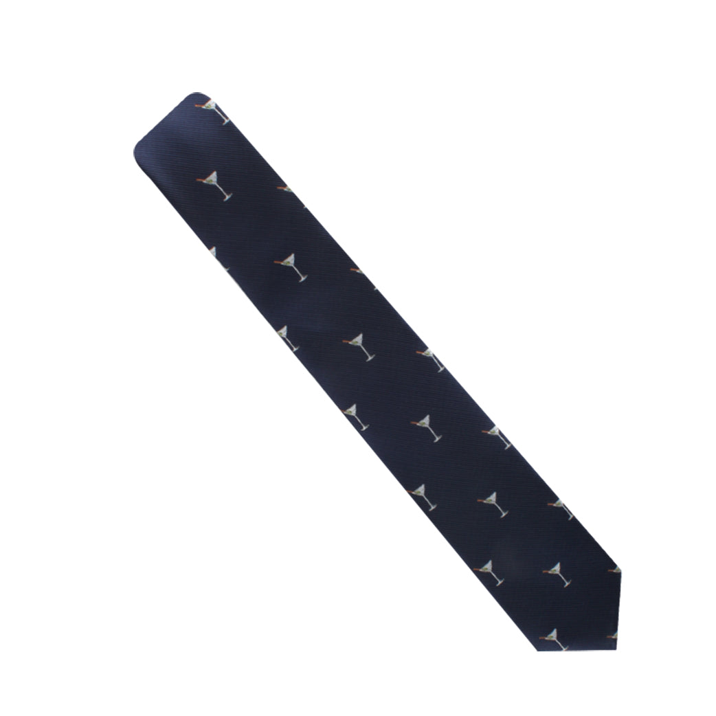 A Martini Skinny Tie featuring a dark blue background with a classic pattern of small, white martini glasses.