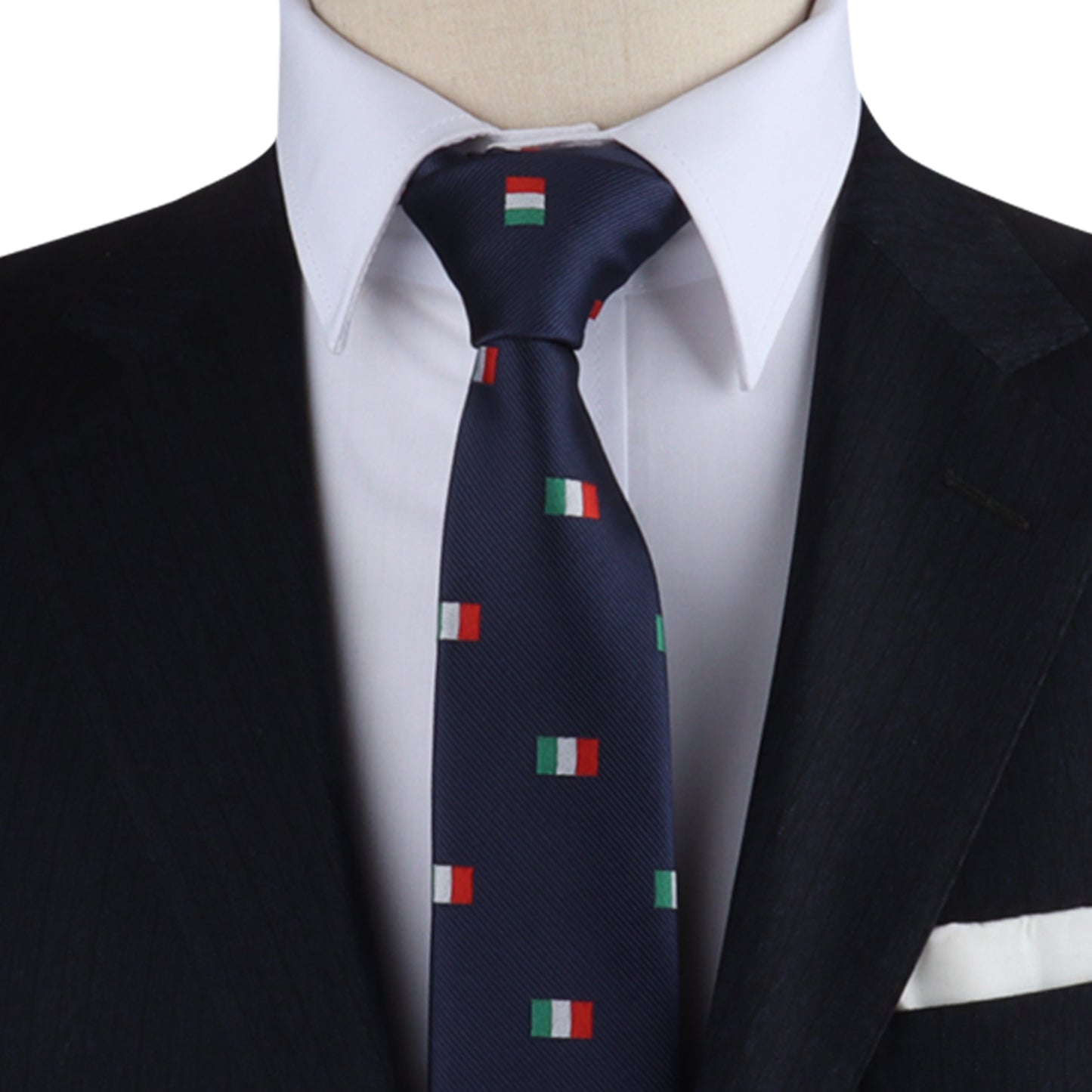 Dressed in a dark suit and white shirt, the individual radiates elegance with their navy blue Italian Mexican Flag Skinny Tie, which celebrates a blend of cultures.