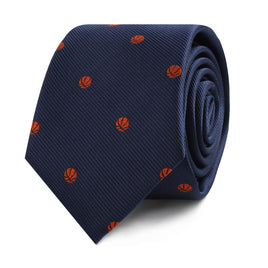 A Basketball Skinny Tie with a basketball-inspired design featuring orange basketball balls.