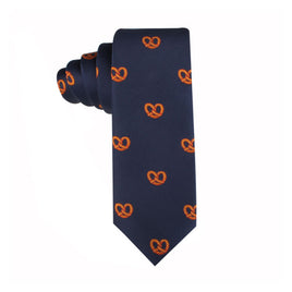 Bagel Skinny Tie with an orange pretzel pattern, neatly rolled up, perfect for anyone with a flair for culinary style.