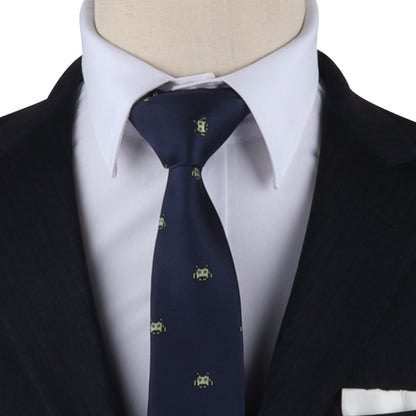 A mannequin in a modern style Green Space Invader Skinny Tie suit and tie.