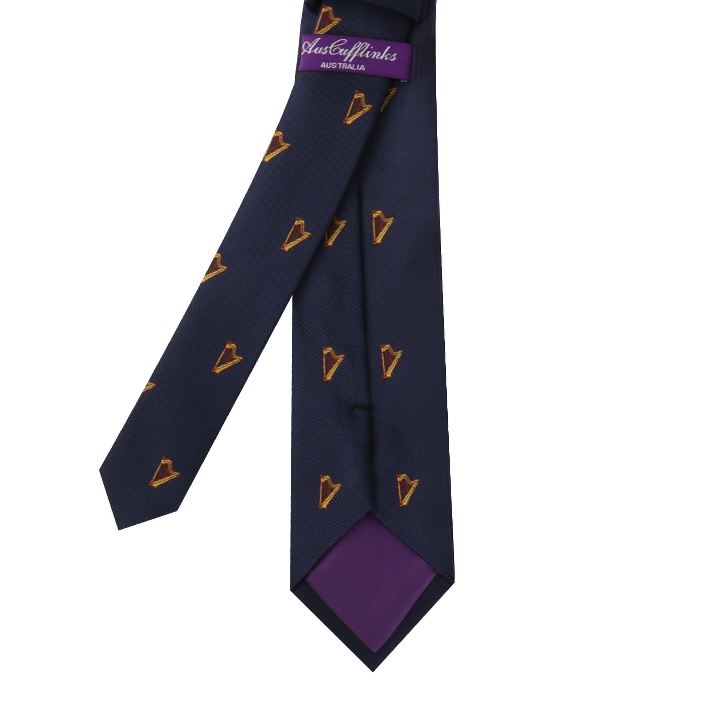 A Harp Skinny Tie with a purple label and scattered orange heart patterns, designed to orchestrate elegance in wear.