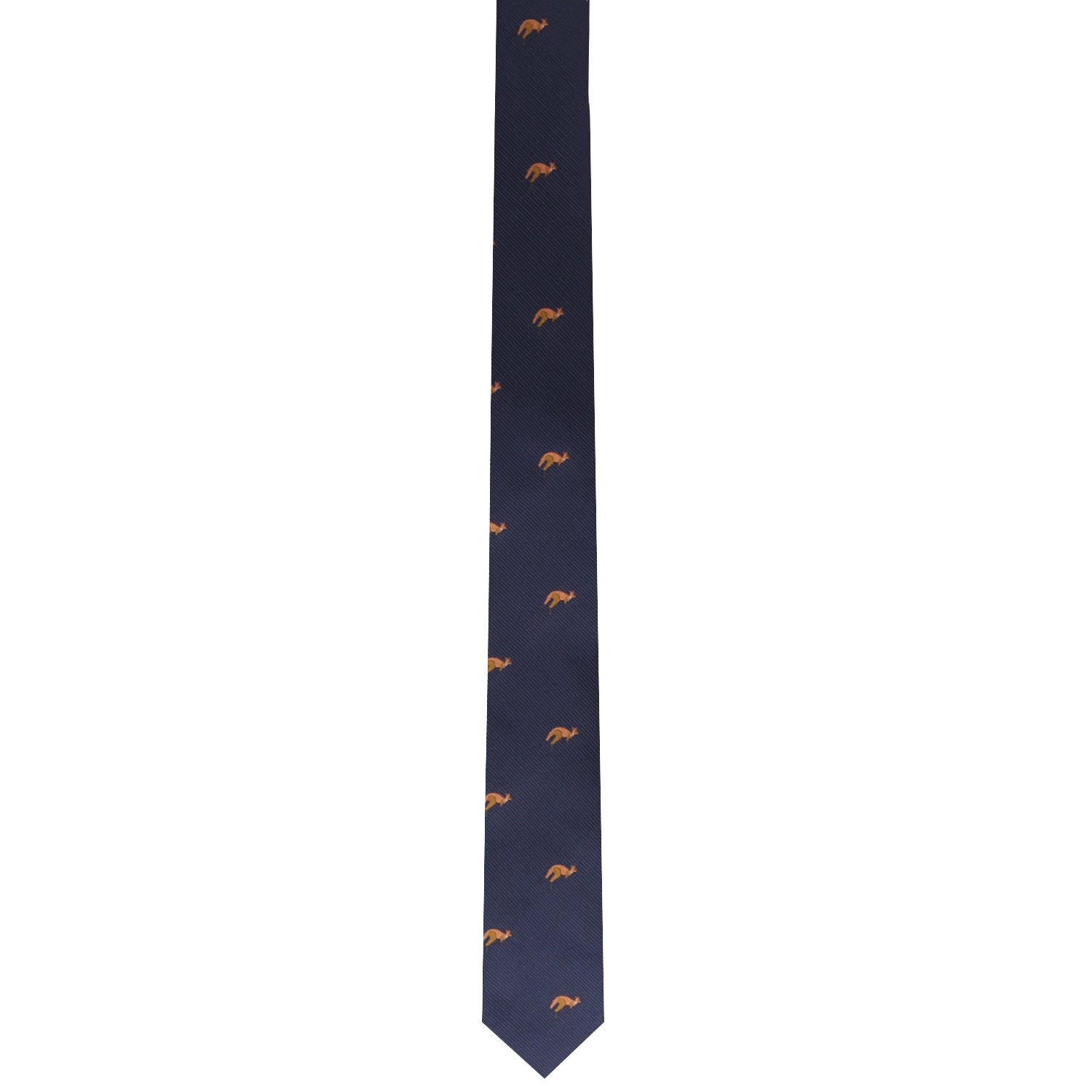 The Kangaroo Skinny Tie, a long and narrow navy blue tie, features small orange embroidered patterns evenly spaced throughout for unmatched elegance.