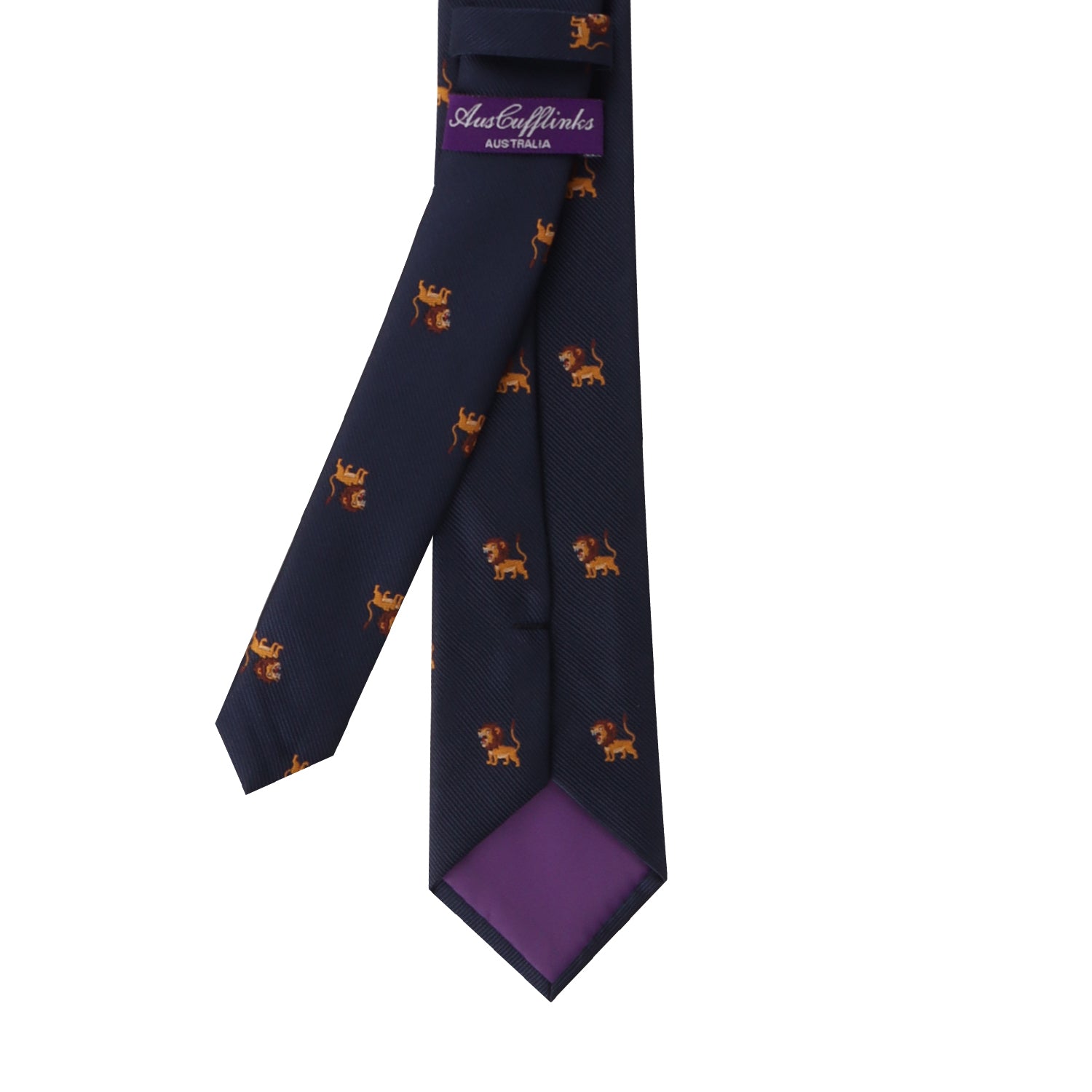 A Lion Skinny Tie, a navy blue necktie with small, orange lion motifs and a purple inner lining, perfect for the leader in style.