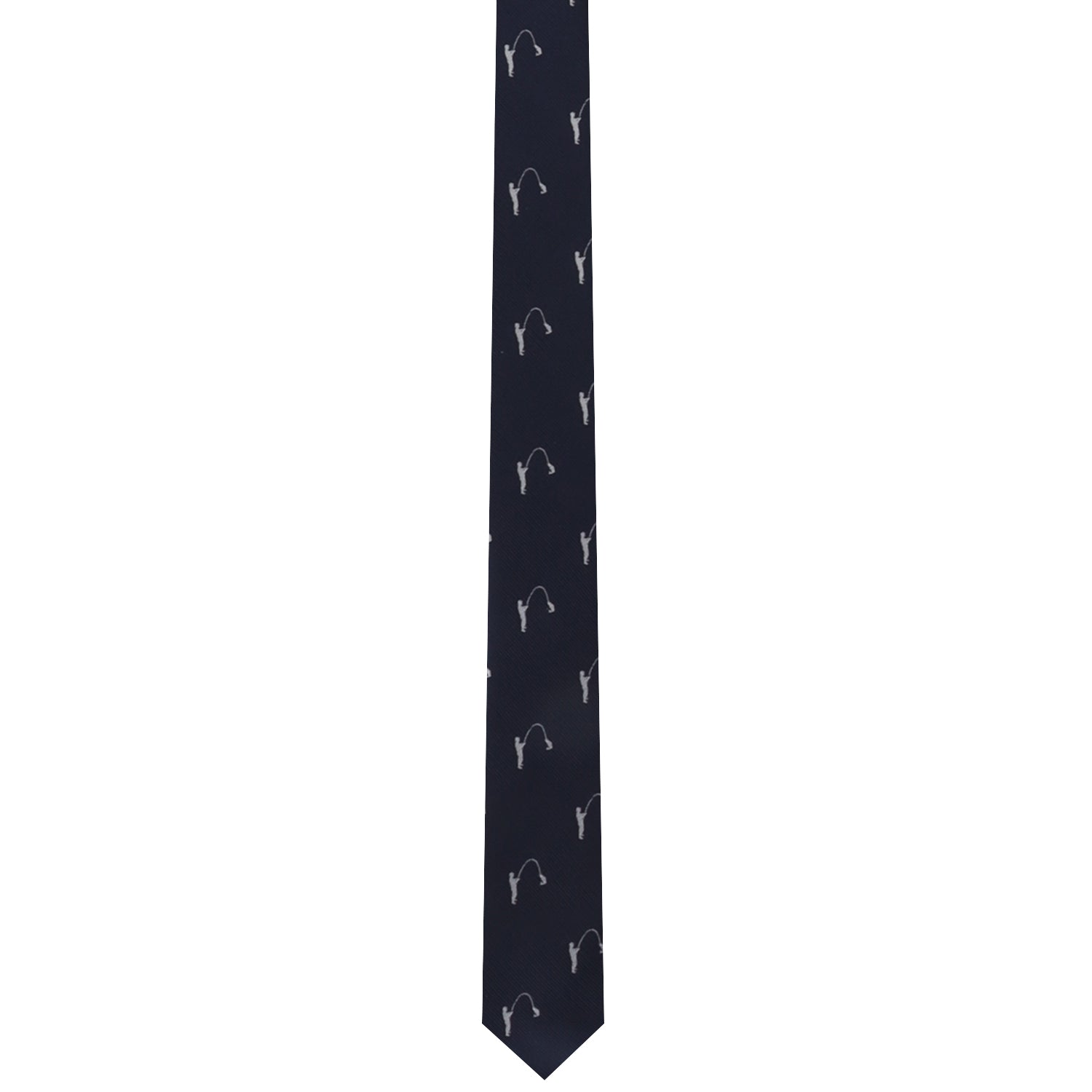 A Fisherman Skinny Tie with a pattern of small white illustrations that effortlessly draws compliments.