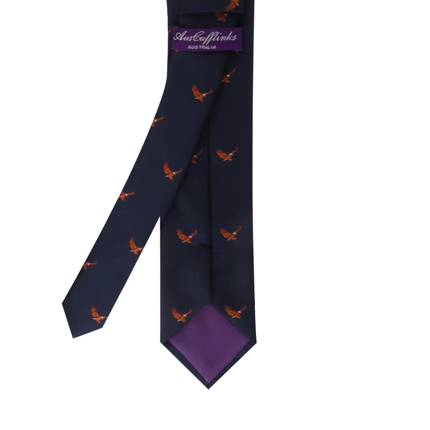 The "Flying Eagle Skinny Tie," featuring a navy blue design adorned with orange bird patterns and a purple lining on the back, labeled "AusCufflinks" and "Australia," captures the essence of majestic fashion.