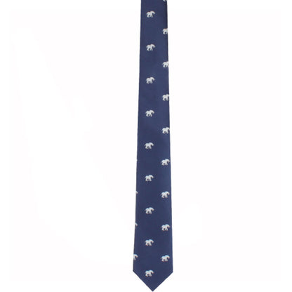 The Elephant Skinny Tie is adorned with an elegant elephant design, showcasing a pattern of small white elephants with grace and charm.