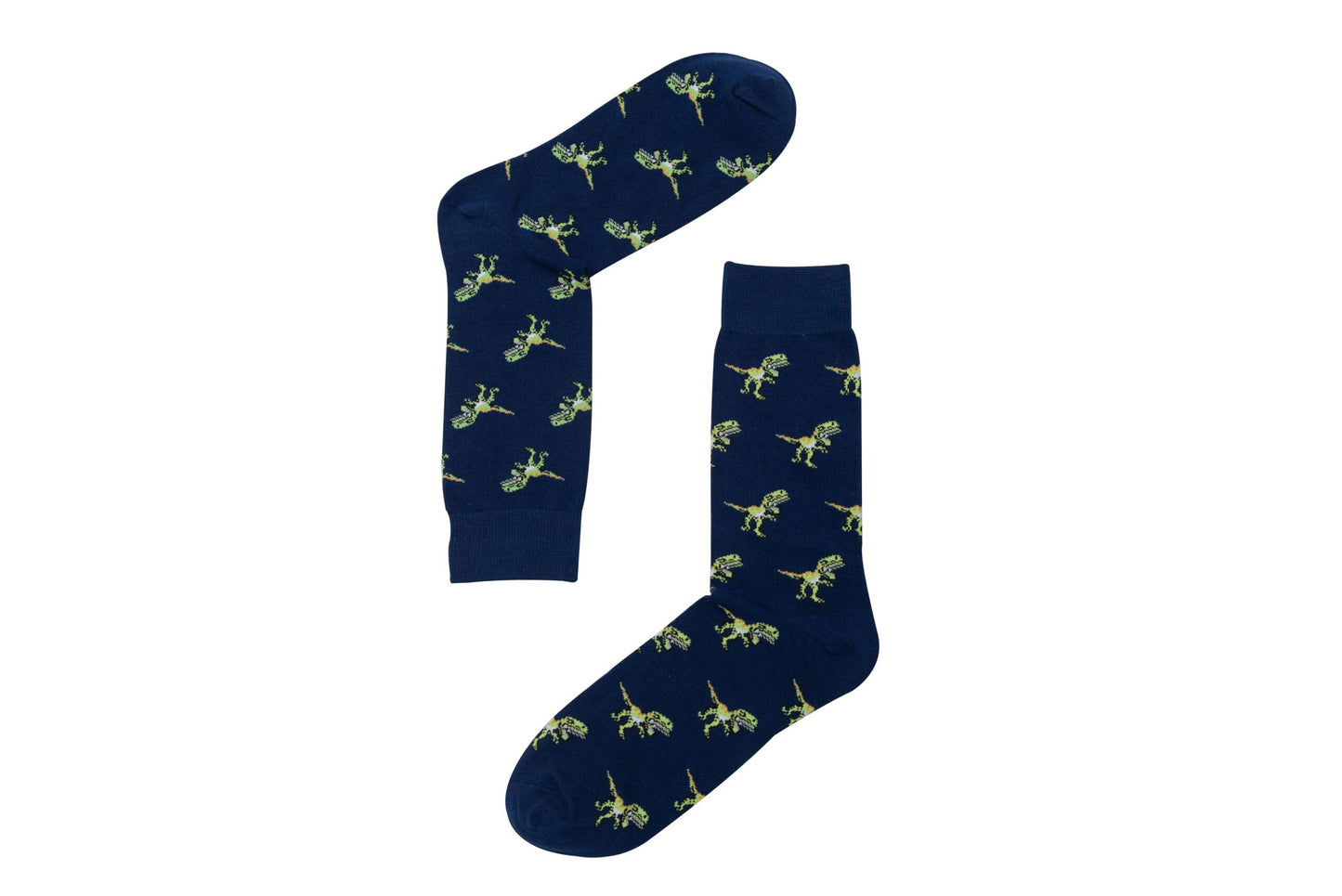 A pair of T-Rex Socks, shown side by side in an L-shape, brings a touch of Jurassic joy and comfort to your feet.