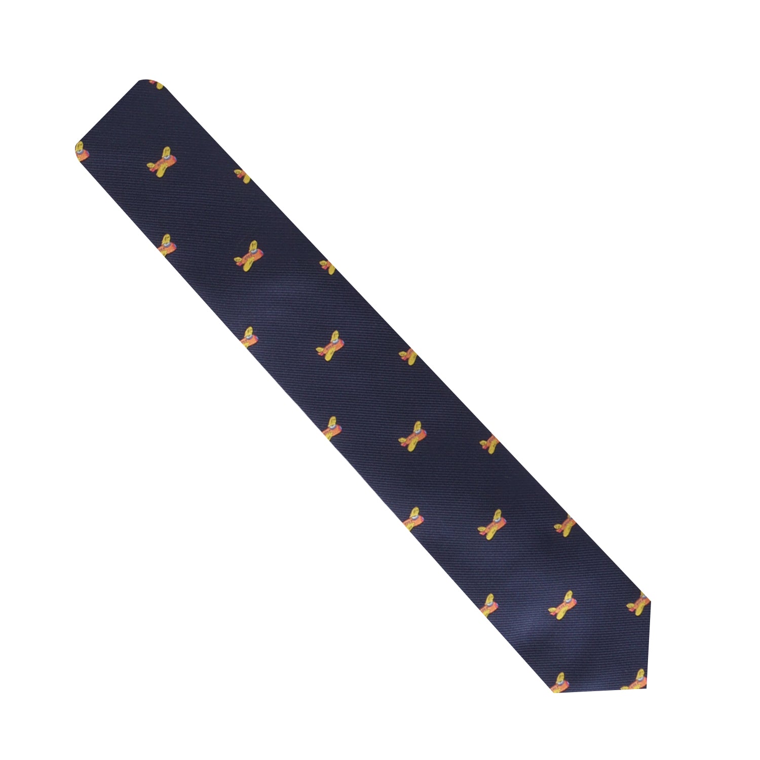 Orange necktie featuring a repeating pattern of small aircraft, offering a touch of style with its vibrant hues.