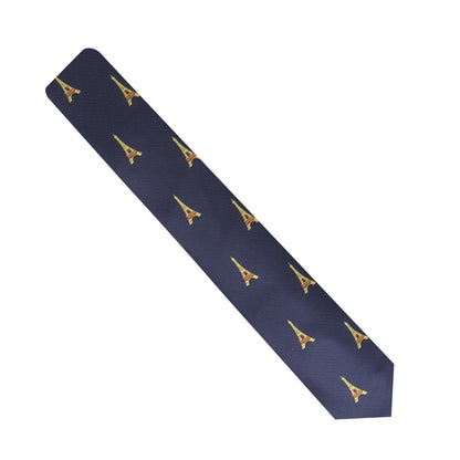 The Eiffel Tower Skinny Tie in navy blue showcases a charming pattern of small, repeating yellow and red Eiffel Tower designs, adding a touch of Parisian elegance to every ensemble.