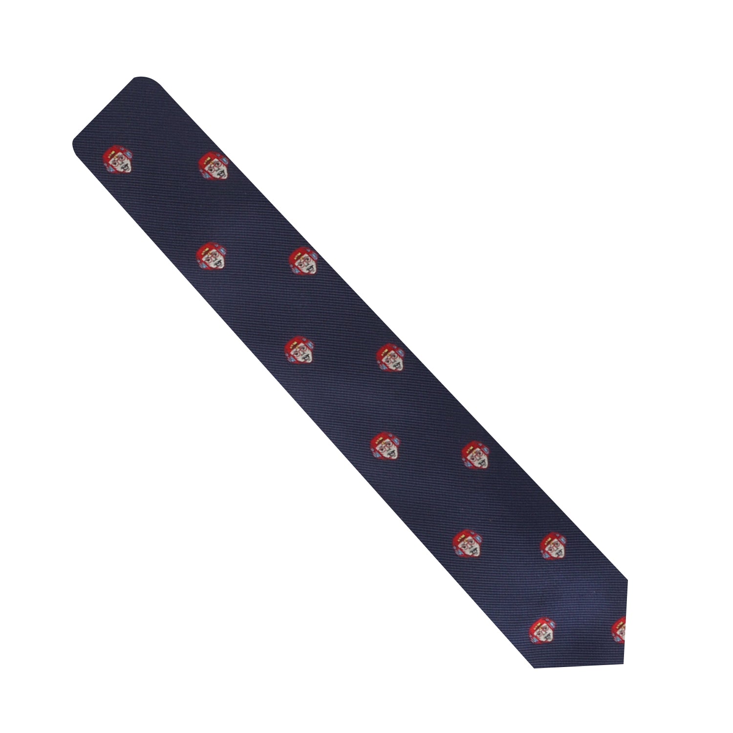 Elevate your fashion game effortlessly with the Gamer Face Skinny Tie in navy blue, showcasing a repeated pattern of small, red and white crests or shields.