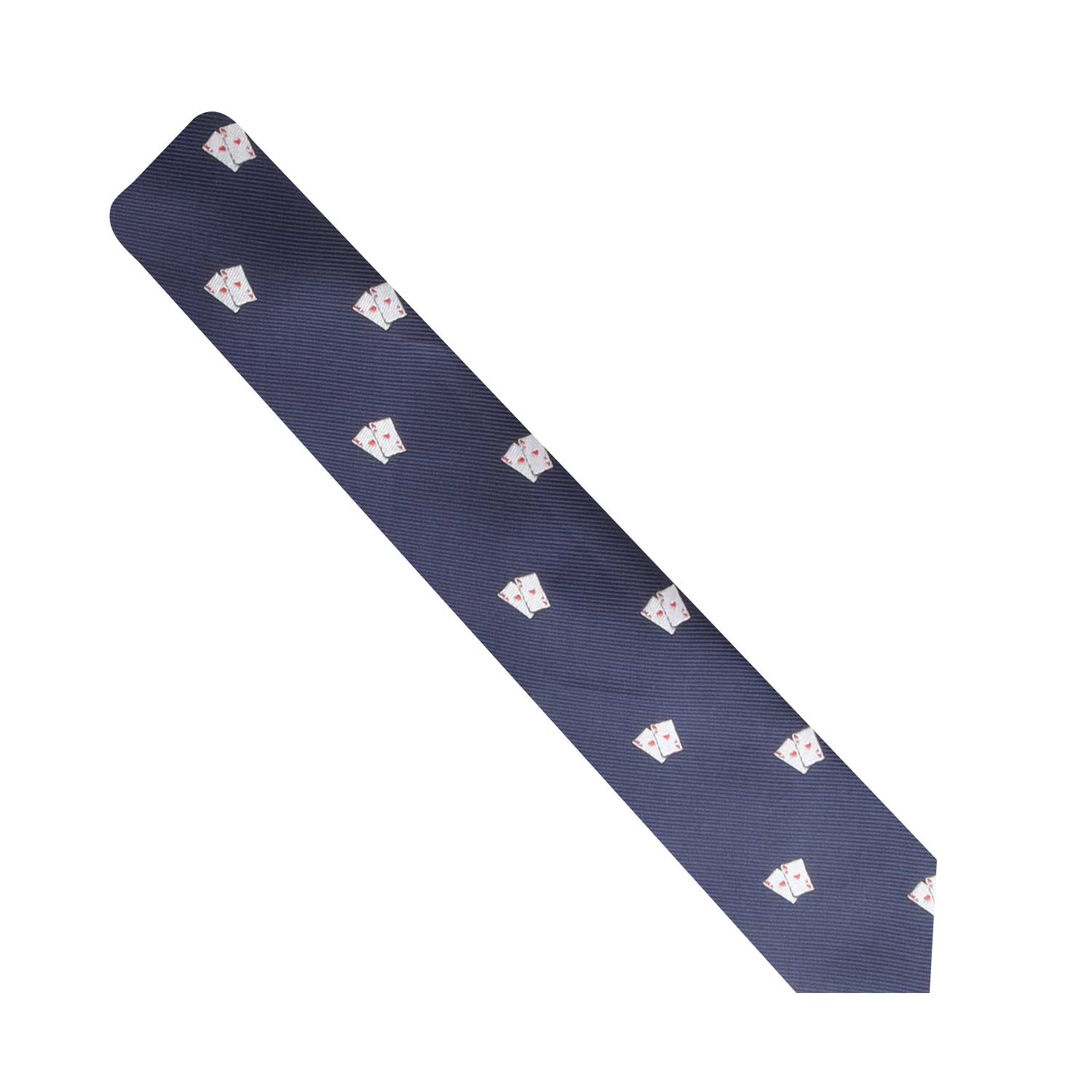 The Poker Cards Skinny Tie is a navy blue necktie adorned with a playful repeating pattern of white cards, showcasing red and black suits to elevate your style.