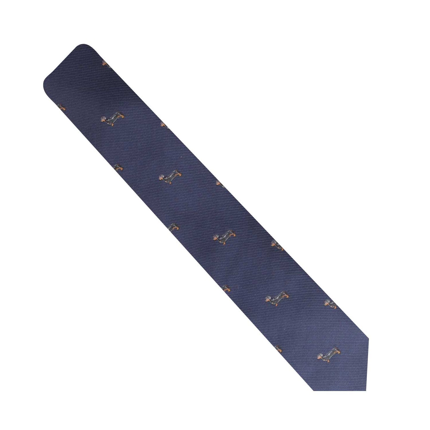 A playful Sausage Dog Skinny Tie with a quirky charm and a gold logo on it.