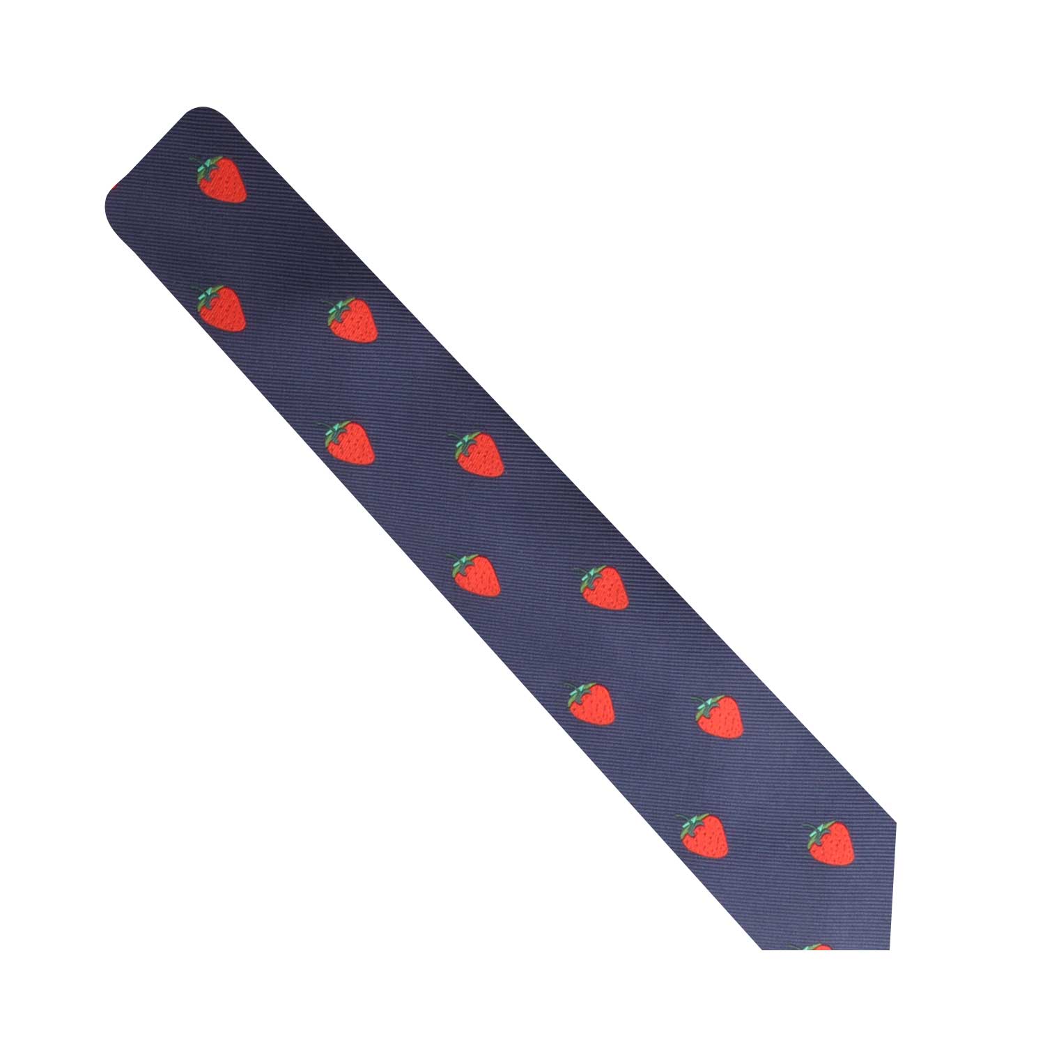 The Strawberry Skinny Necktie exudes fruity charm with its navy blue fabric adorned with a pattern of small red strawberries.