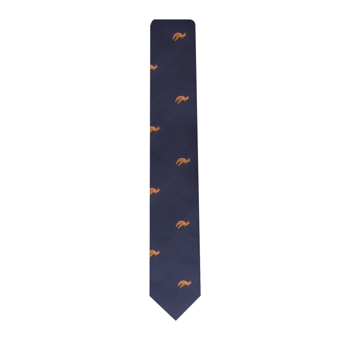 The Kangaroo Skinny Tie is a navy blue necktie adorned with small, evenly spaced orange kangaroo motifs, offering unmatched elegance.