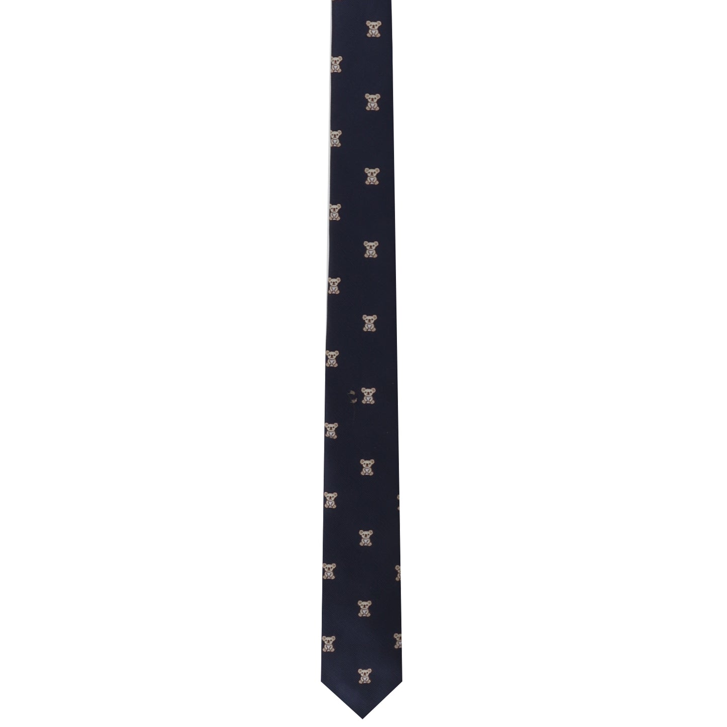 A navy blue Koala Skinny Tie featuring a pattern of small beige X-shaped symbols, emanating an understated charm evenly distributed throughout the fabric.