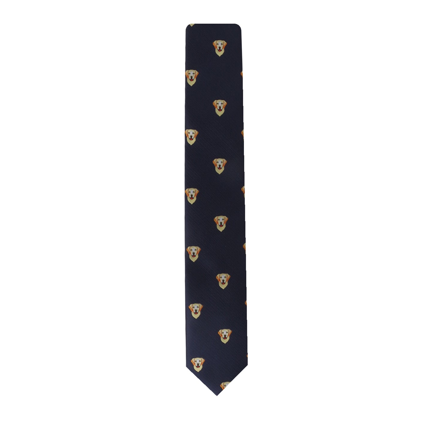 Introducing the Labrador Dog Skinny Tie, a stylish dark blue accessory featuring an embroidered pattern of adorable labrador faces, ideal for dog fashion enthusiasts.