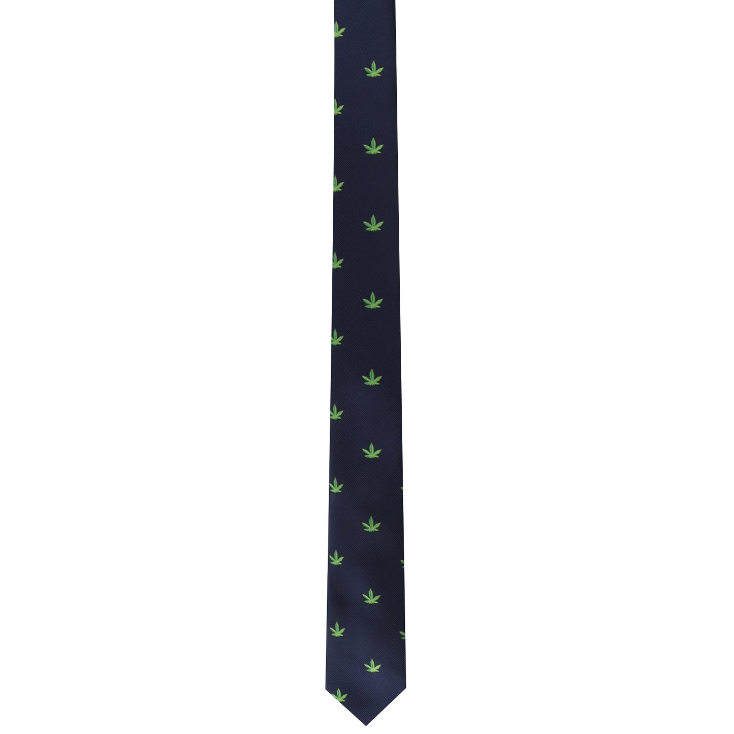 The Weed Skinny Tie, featuring small green leaf patterns on a black background, makes a bold statement at any formal event.