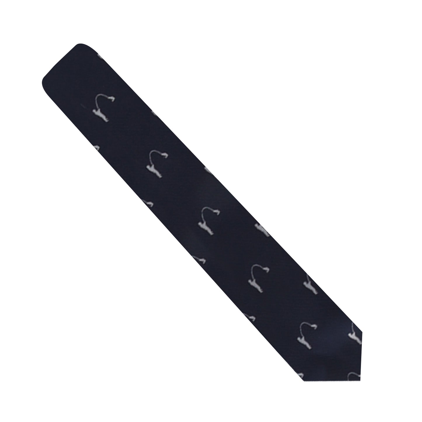 A navy blue Fisherman Skinny Tie with a pattern of small white images resembling anchors, evenly spaced throughout, effortlessly reels in compliments.