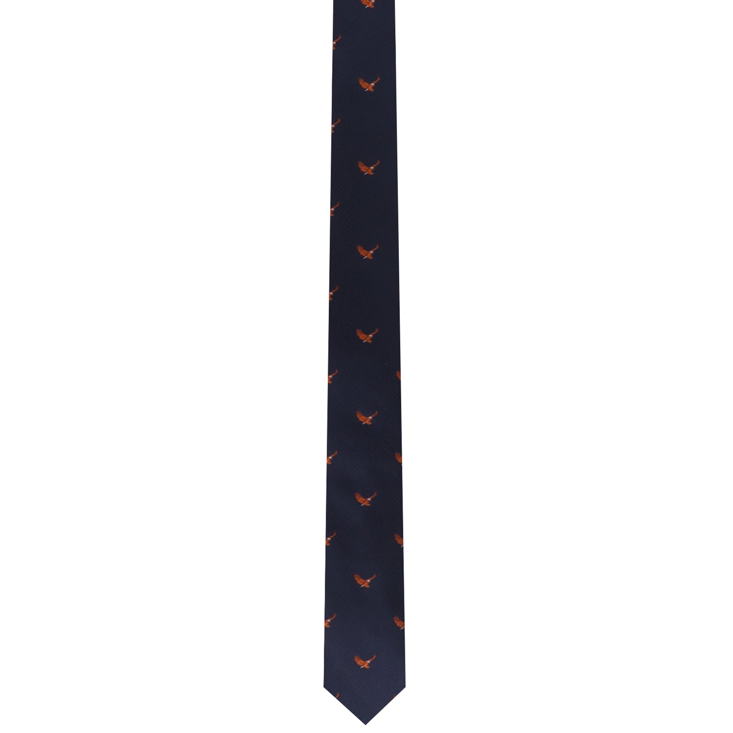 The Flying Eagle Skinny Tie features a navy blue design, embellished with small orange eagle motifs that appear ready to take flight, offering an air of majestic fashion.