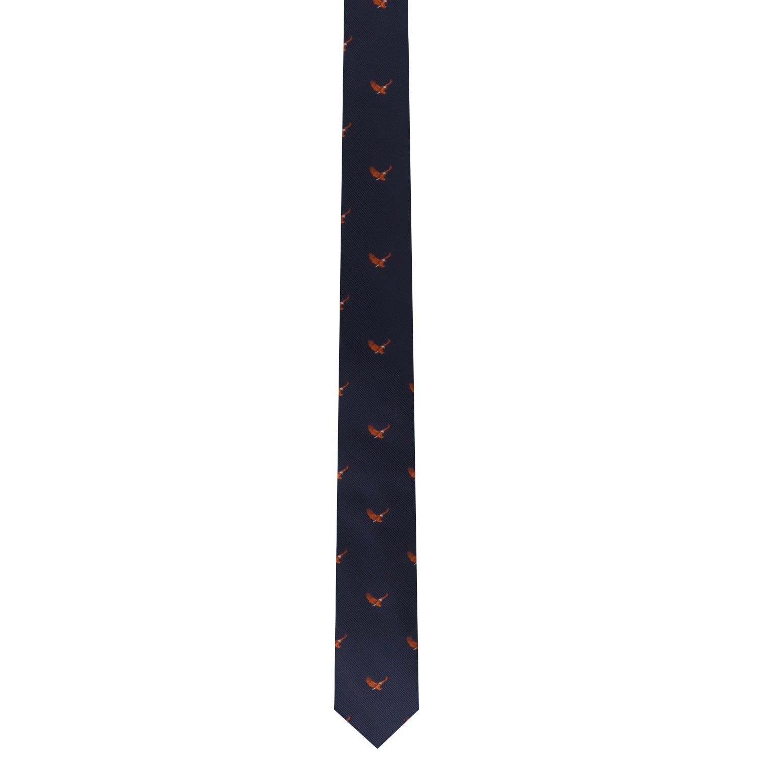 The Flying Eagle Skinny Tie features a navy blue design, embellished with small orange eagle motifs that appear ready to take flight, offering an air of majestic fashion.