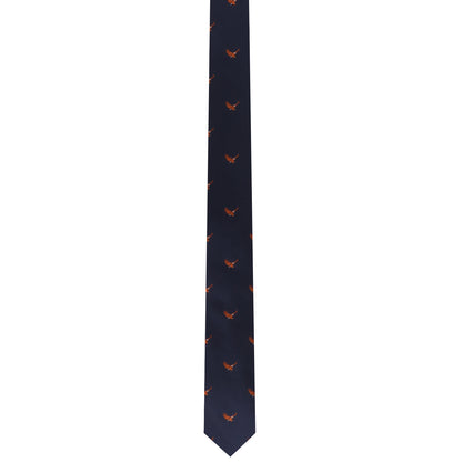 The Flying Eagle Skinny Tie features a navy blue design, embellished with small orange eagle motifs that appear ready to take flight, offering an air of majestic fashion.