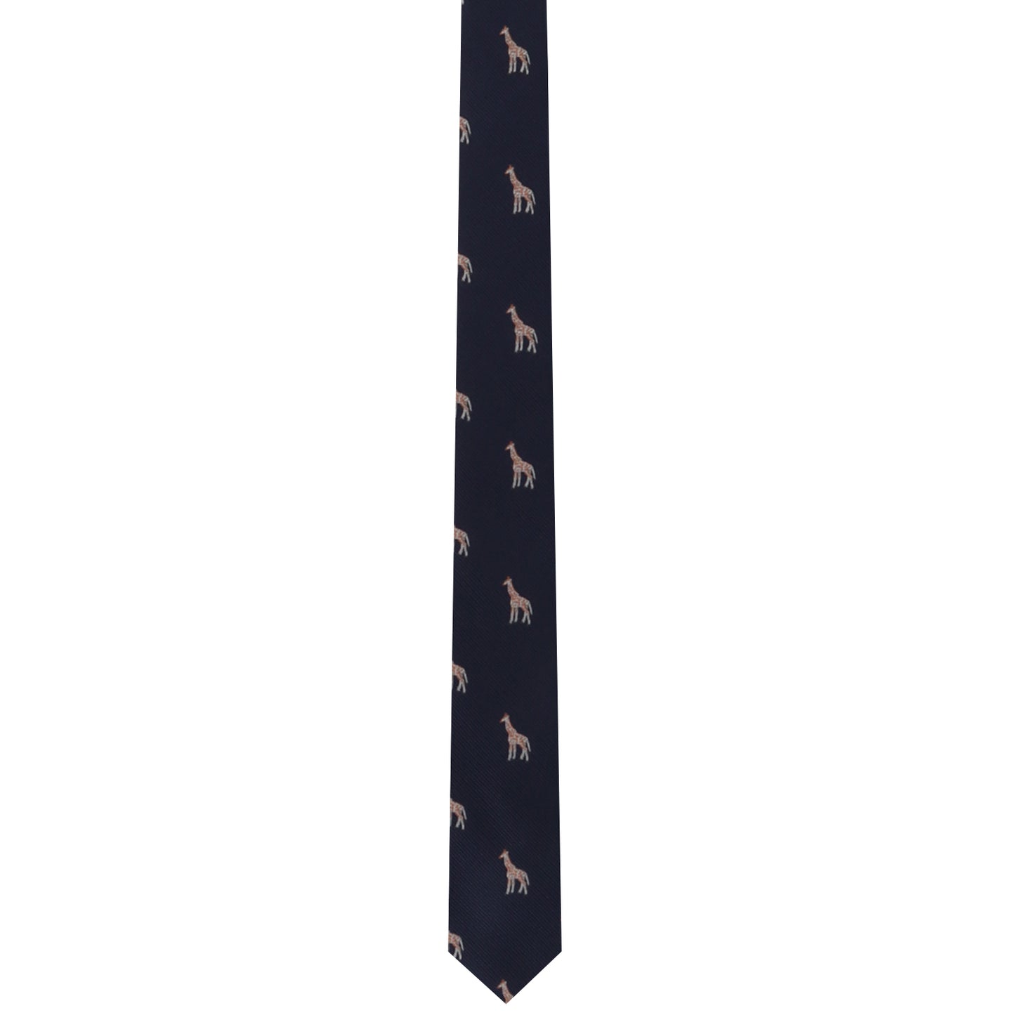 The Giraffe Skinny Tie, featuring a navy blue background and a repeating pattern of small giraffes, adds a touch of safari sophistication to your wardrobe.