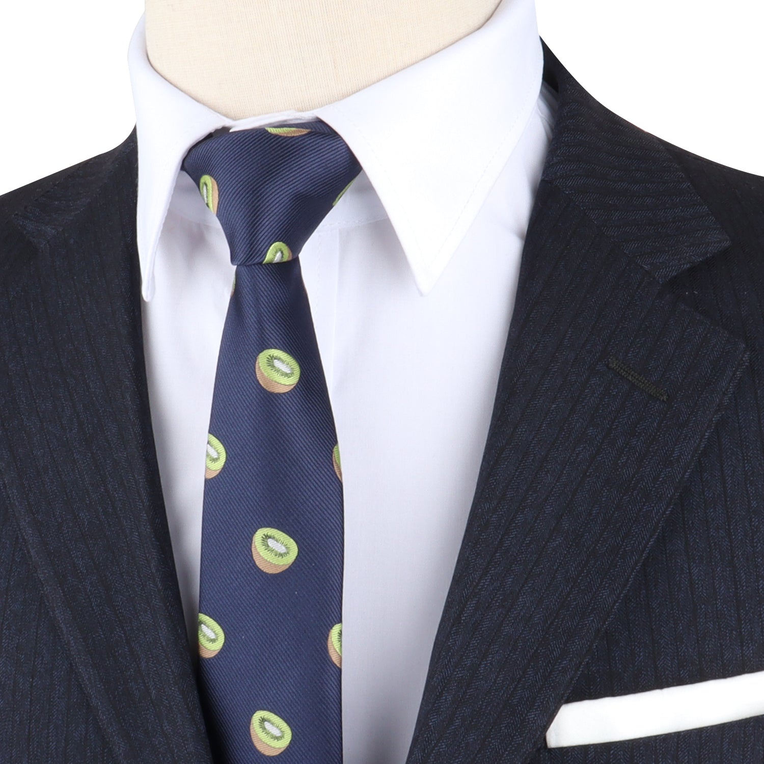 A mannequin wearing a suit and the Kiwi Skinny Tie with vibrant colors.