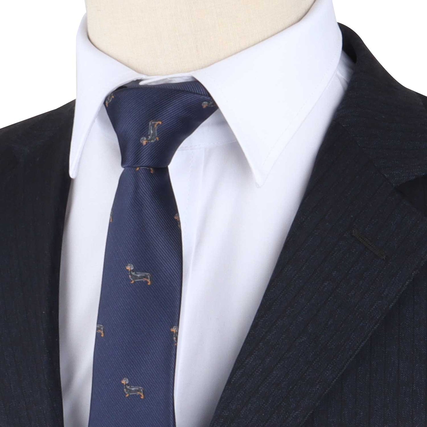 A mannequin dressed in a Sausage Dog Skinny Tie, exuding quirky charm with its playful look.