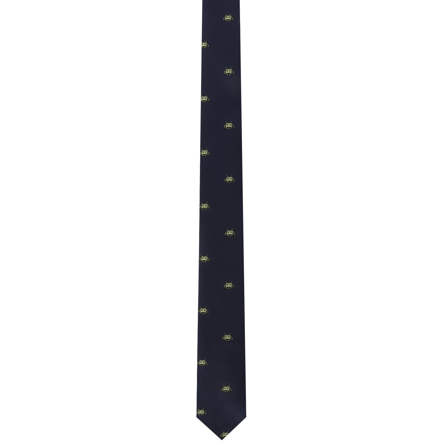 A modern style Green Space Invader Skinny Tie with gold stars on it.