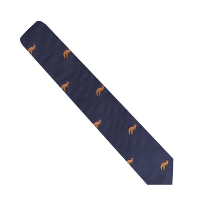 The Kangaroo Skinny Tie features a navy blue design adorned with a repeating pattern of small orange kangaroos, offering unmatched elegance.