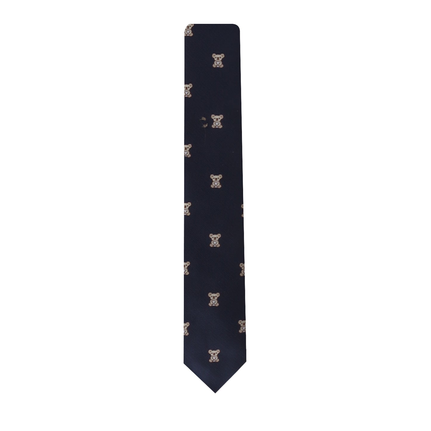 A dark blue Koala Skinny Tie featuring a repeating pattern of small, cuddly brown teddy bears.