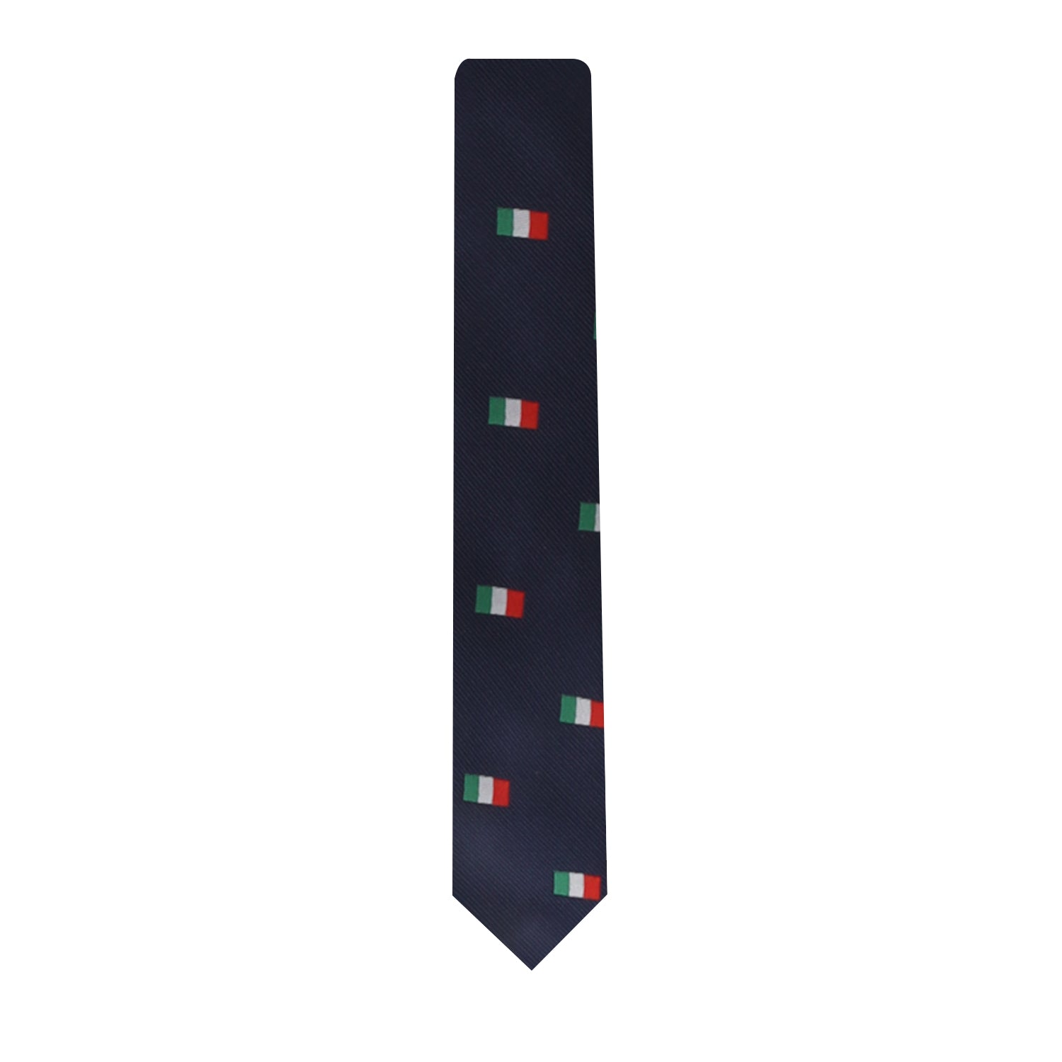 A navy skinny tie featuring a pattern that seamlessly blends the Italian and Mexican flags, creating an elegant fusion of cultures in its design.