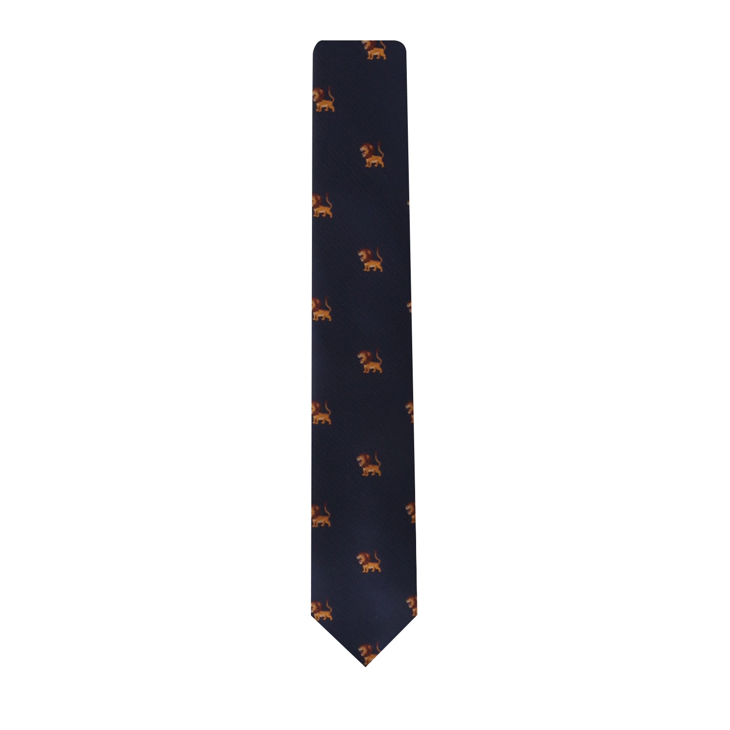 A dark blue Lion Skinny Tie with a repeating pattern of small, orange lion motifs, making you the leader in style and the king of the jungle.