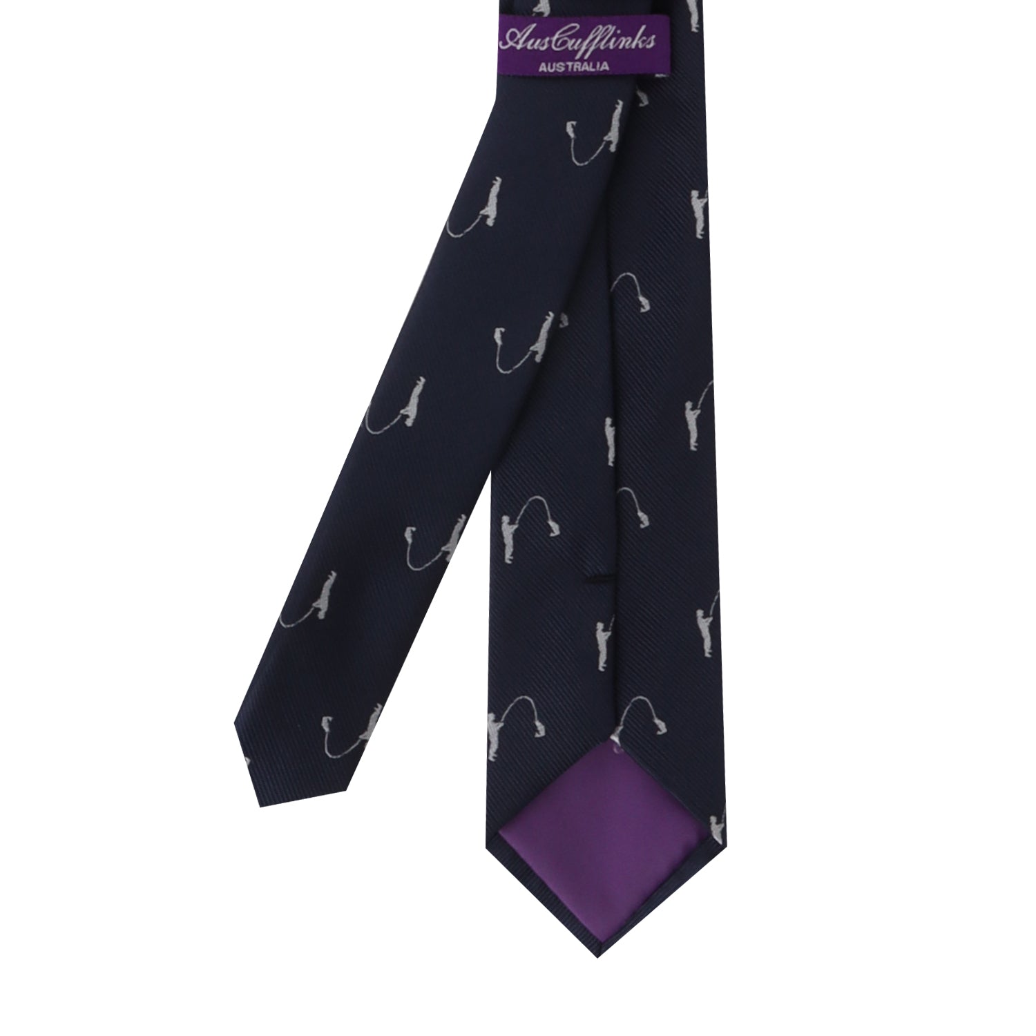 A Fisherman Skinny Tie with an angler motif, featuring white fishing rods and a purple accent on the backside. This design effortlessly compliments any outfit.