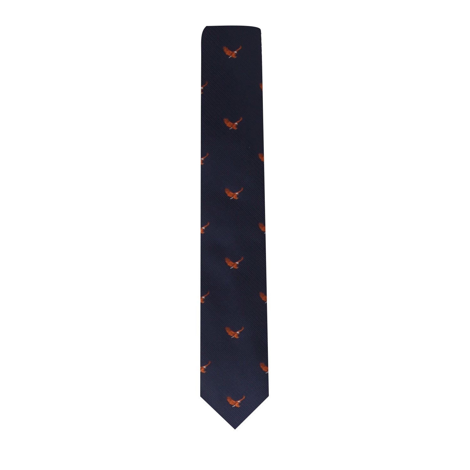 The Flying Eagle Skinny Tie, adorned with a navy blue color and a pattern of small orange foxes, is perfect for elevating your fashion to majestic heights.