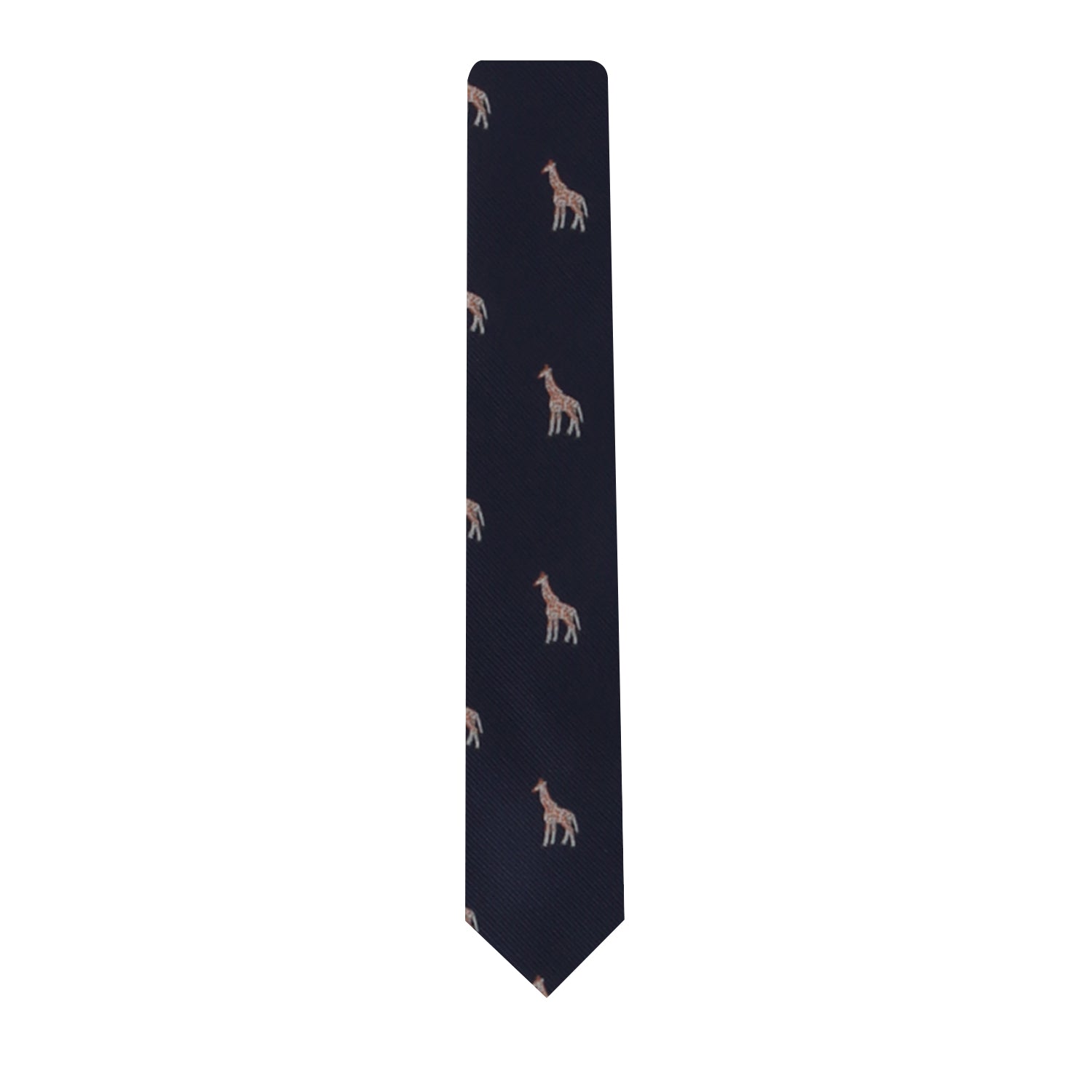 The Giraffe Skinny Tie, designed in navy blue with a pattern of small, light brown giraffes, adds a touch of safari sophistication.