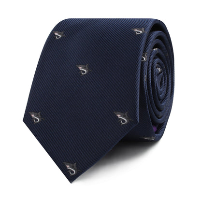 Great White Shark Skinny Tie in a dark blue shade, featuring small embroidered designs that exude elegance and intrigue, neatly rolled.