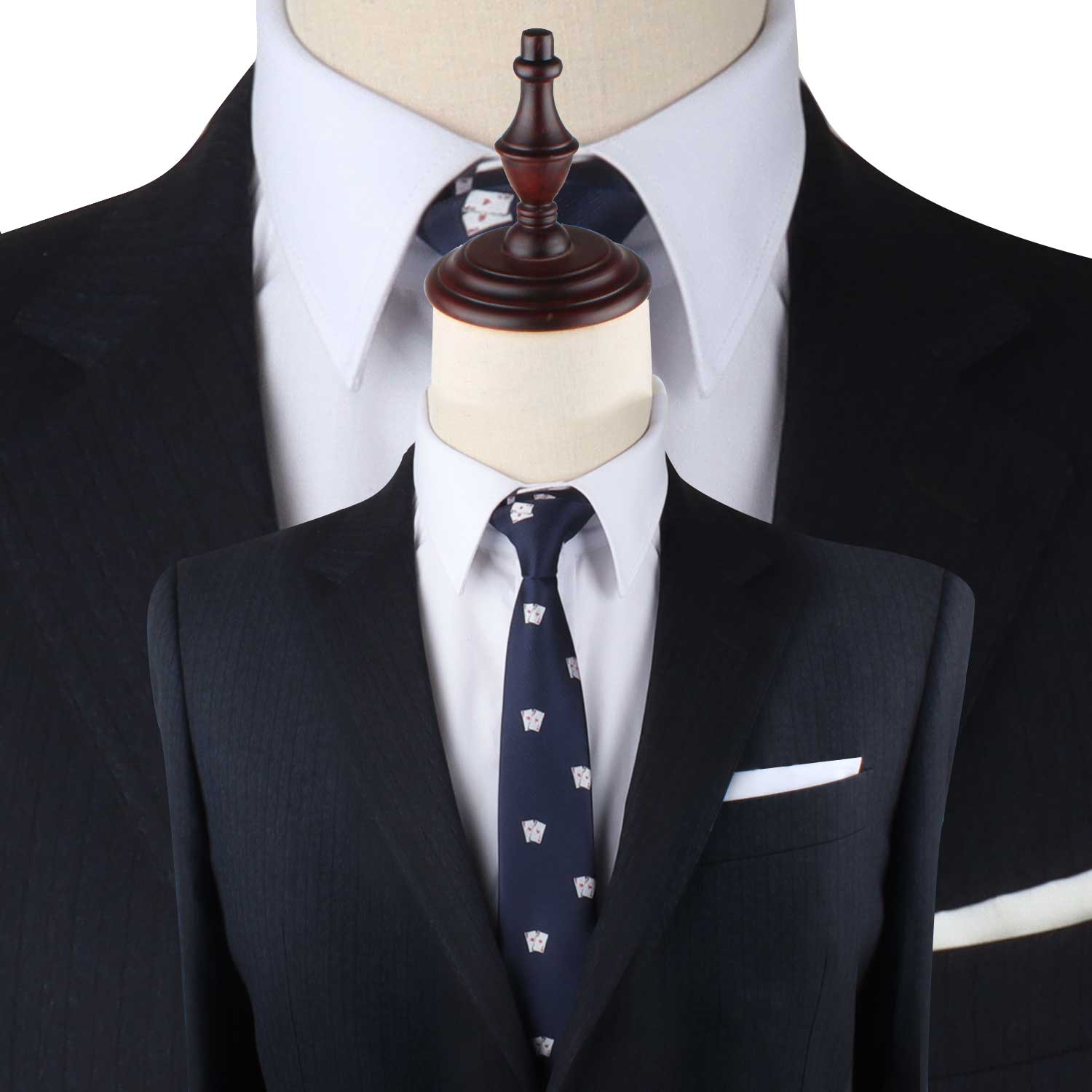 Mannequins dressed in formal attire: one in a white dress shirt and dark suit with a Poker Cards Skinny Tie, and another focused closely on a white dress shirt collar with a dark suit. Elevate your style with these polished looks that make an impression.