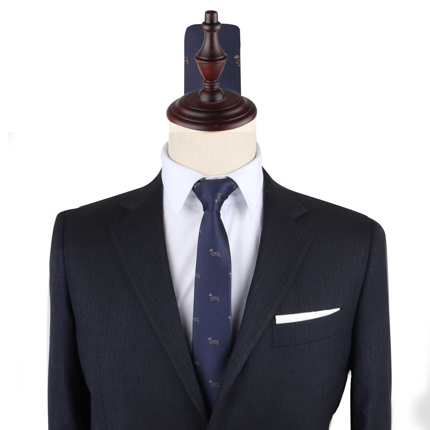 A Sausage Dog Skinny Tie exuding quirky charm on a mannequin dummy.