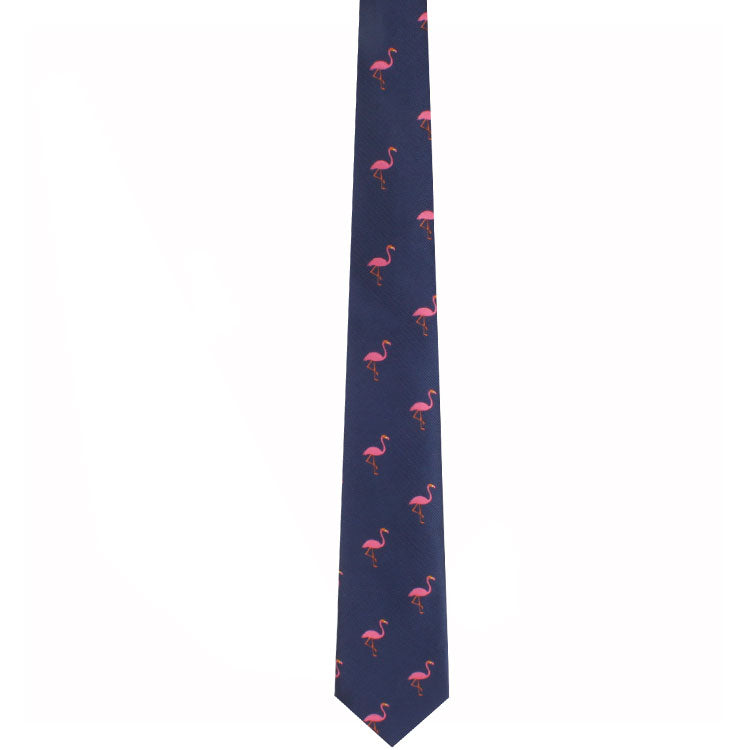 Flamingo Skinny Tie in dark blue adorned with a whimsical pattern of small pink flamingos.