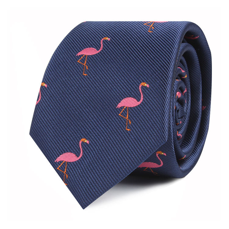 Introducing the Flamingo Skinny Tie, a whimsical navy blue tie adorned with charming pink flamingo patterns.