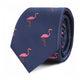 Navy blue tie with Pink Flamingo Skinny Tie pattern, embodying tropical elegance, displayed against a white background.