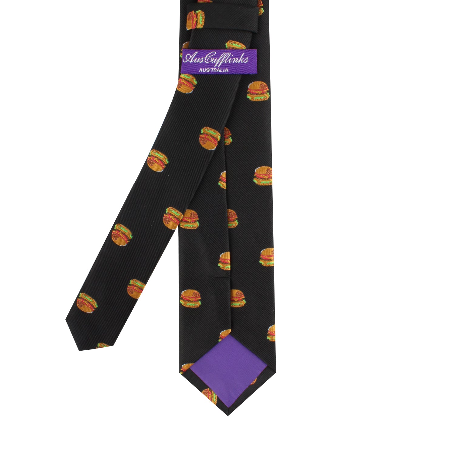 The Black Tie Burger features an enchanting pattern of small, vibrant hamburger icons, exuding culinary-inspired charm and accented by a purple label with text.