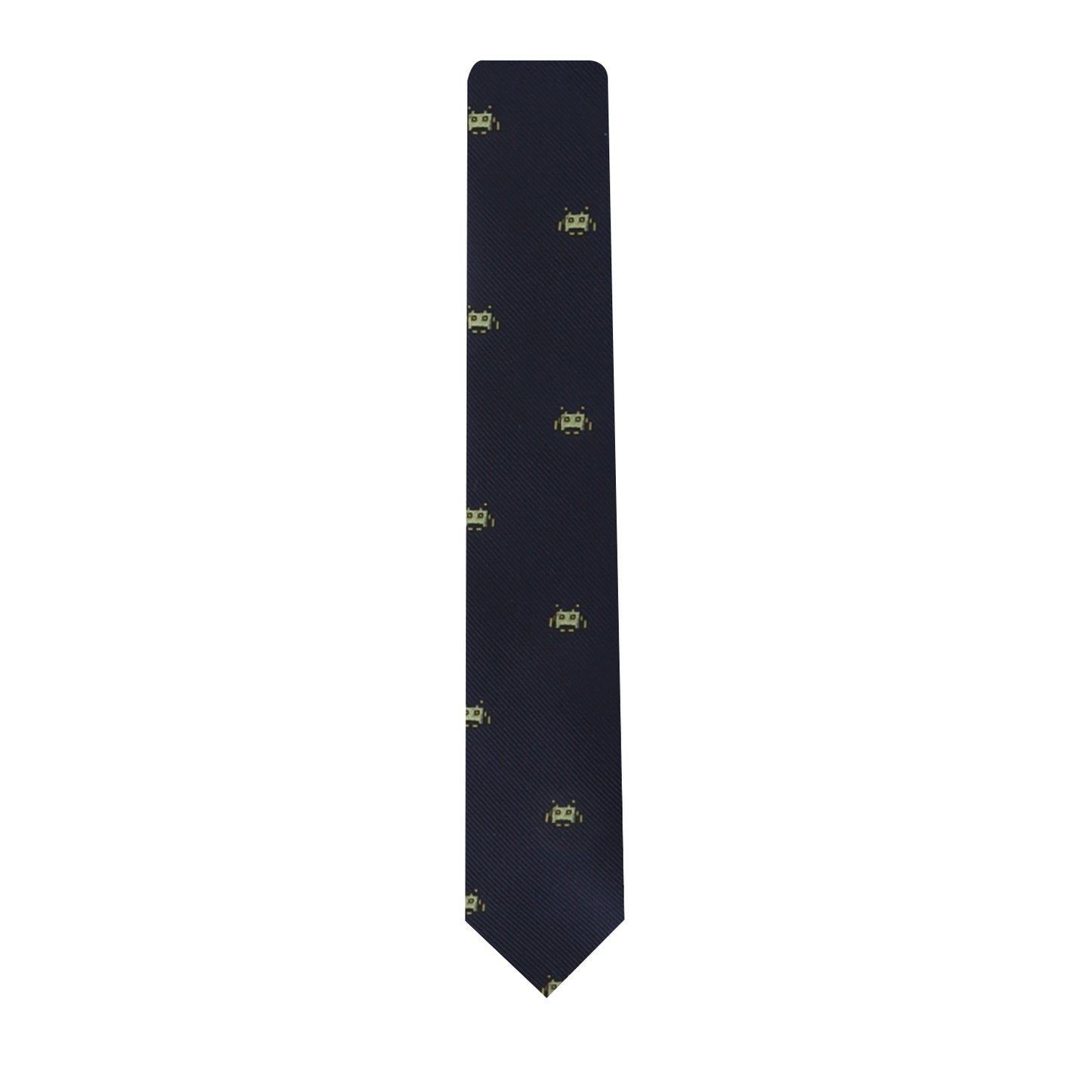 A modern style Green Space Invader Skinny Tie with a green logo on it.