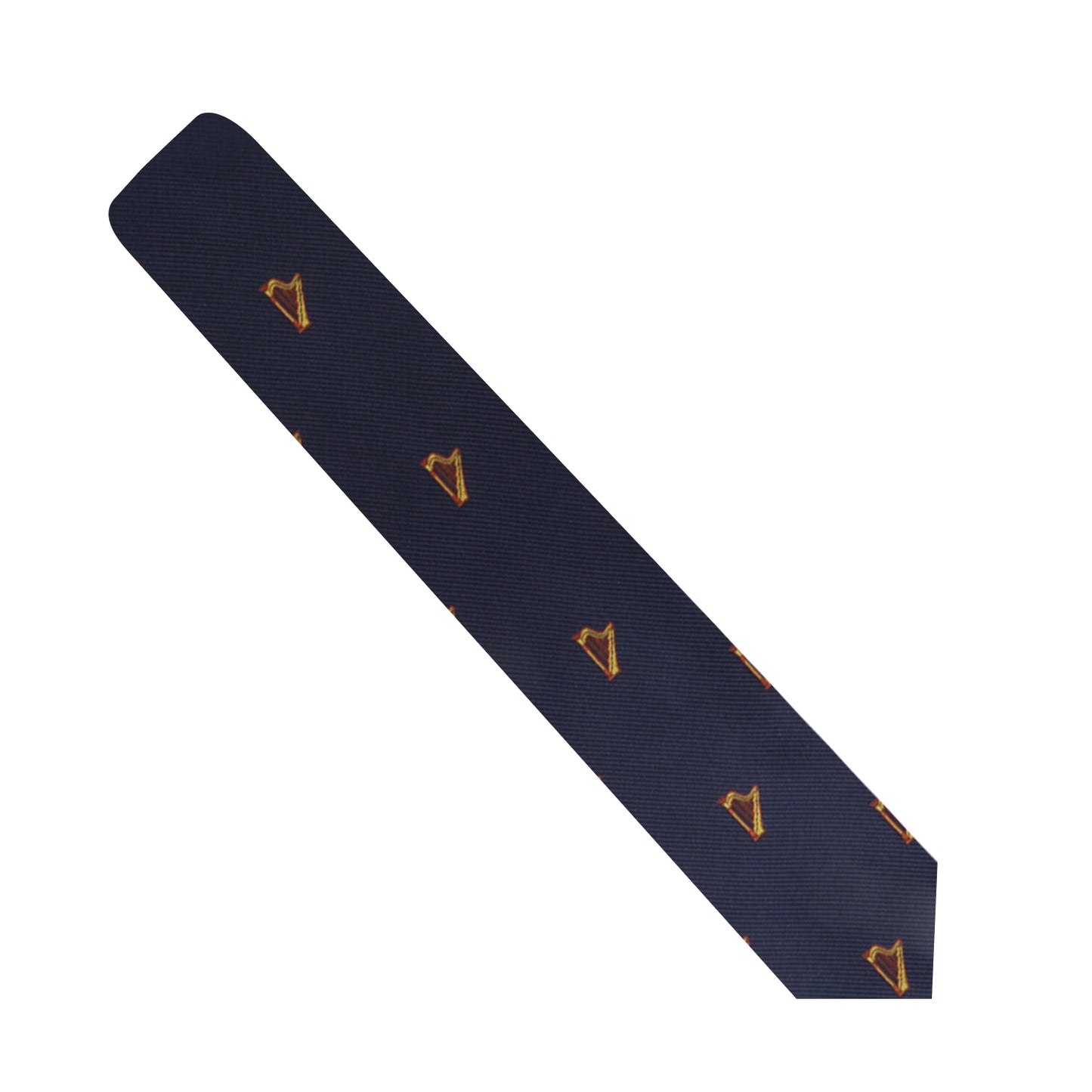 A Harp Skinny Tie with a pattern of small orange crowns, orchestrated elegantly in a diagonal display on a white background.